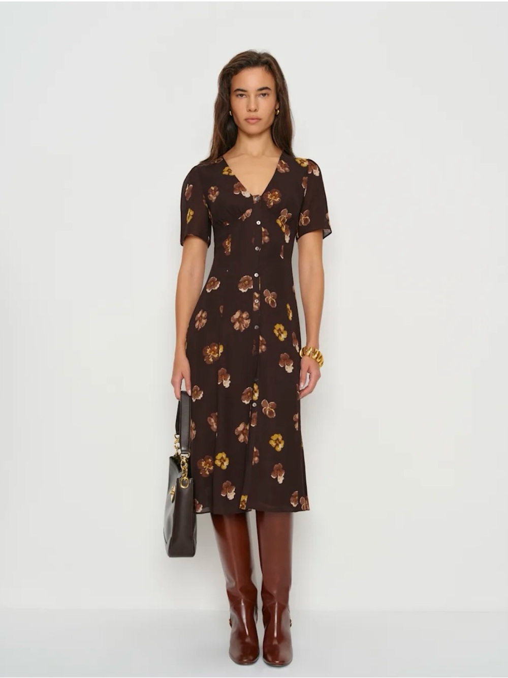 Reformation Brown Floral Midi Dress with Button Front